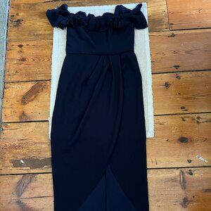 XSCAPE Ruffled Off-Shoulder Dress Navy Blue Size 14 NWT